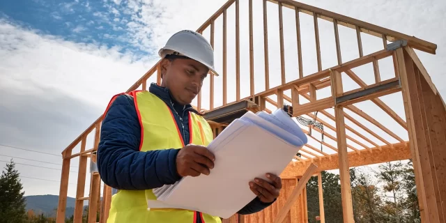Firefly A contractor reviewing building permit documents on a construction site, with a modern house