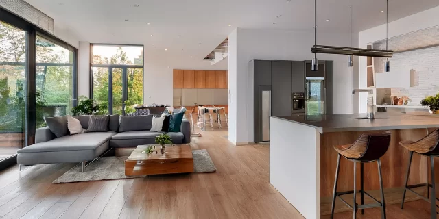 Firefly A modern, fully renovated home interior with an open-concept kitchen, stylish living room, a
